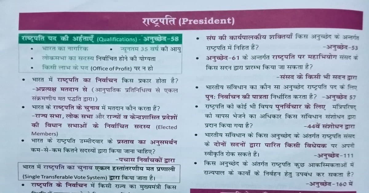 President ( NCERT सार संग्रह ) One Liner Important Question and Answer in Hindi